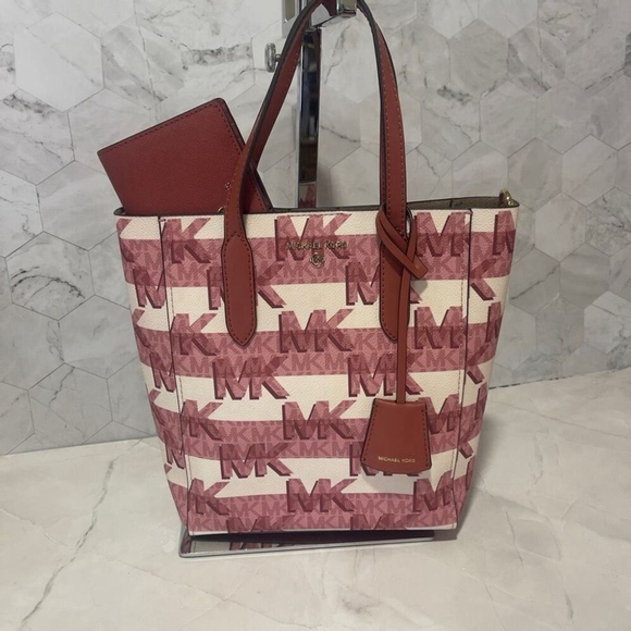 Michael Kors Sinclair Shopper Tote With Matching Wallet Set Pink White Cinnamon - Picture 2 of 10